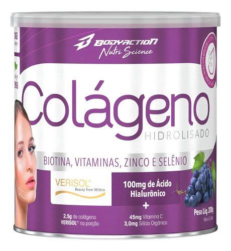 COLAGENO VERISOL C/ ACIDO HIALURONICO 200G BODY ACTION SABOR:UVA