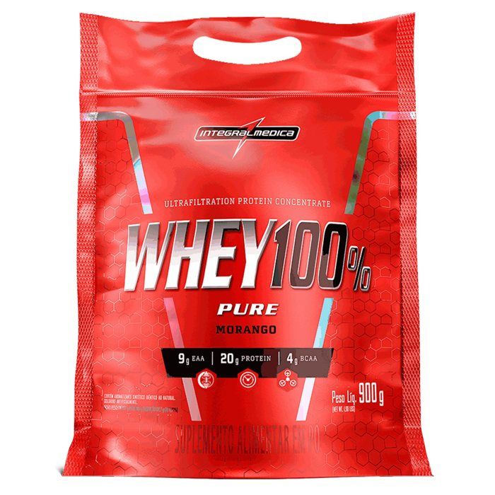 100% WHEY REFIL 900G INTEGRALMEDICA SABOR: MORANGO
